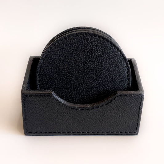 6 Round Leather Coaster Set - Black