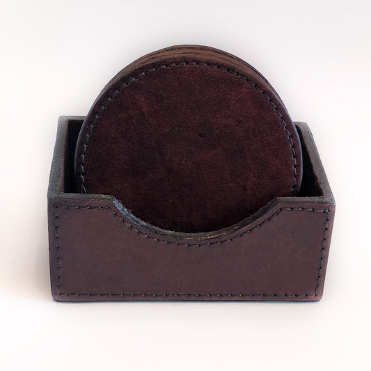 6 Round Leather Coaster Set - Dark Brown