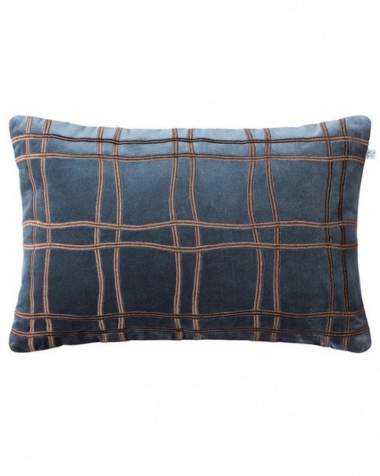Tattersall Velvet Cushion Sea Blue/Cognac Cushion